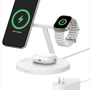 Belkin MagSafe-Compatible Charger, 3-in-1 Wireless Charging Station, Qi2-Certified 15W Wireless Charge for Apple iPhone 16 Series, Apple Watch, AirPods w/Non-Slip Base, 40W Included – White