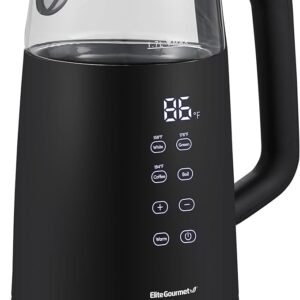 Elite Gourmet EKT8717 1.7L Dual Wall Cool Touch Electric Tea Kettle, Borosilicate Glass, 304 Stainless Steel Interior, Programmed Digital Touchscreen, Keep Warm, Auto Off & Audible Indicator, Black
