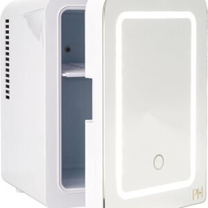 Paris Hilton Mini Refrigerator and Personal Beauty Fridge, Mirrored Door with Dimmable LED Light, Thermoelectric Cooling and Warming Function for All Cosmetics and Skincare Needs, 4-Liter, White