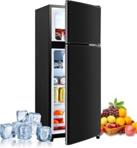 Geekman Double-Door Compact Fridge with Freezer, 3.5 Cu. Ft. Capacity and 7-Level Adjustable Thermostat Refrigerator, Perfect for Apartments, Dorms, Home Offices, and Bars, Black Color