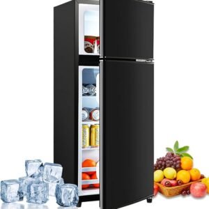 Geekman Double-Door Compact Fridge with Freezer, 3.5 Cu. Ft. Capacity and 7-Level Adjustable Thermostat Refrigerator, Perfect for Apartments, Dorms, Home Offices, and Bars, Black Color