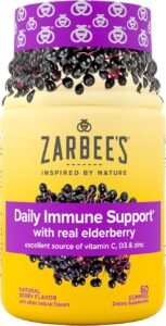 Zarbee's Elderberry Gummy Daily Immune Support Supplement with Vitamins A, C, D, E & Zinc, Black Elderberry Fruit Extract, Natural Berry Flavor, 60 Count