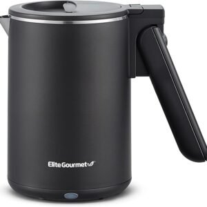 Elite Gourmet EKT719 Dual Volt 120-230V, Travel Double Wall Insulated Cool-Touch, 0.6L Electric Kettle, Stainless Steel Interior, Hinged-Locking Lid, Retractable Handle, Auto Shut-Off, Boil Dry, Black
