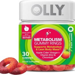 OLLY Metabolism Gummy Rings, Apple Cider Vinegar, Vitamin B12, Chromium, Energy and Digestive Health, Chewable Supplement, Apple Flavor – 30 Count