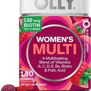 OLLY Women’s Daily Multivitamin Gummy, Vitamins A, D, C, E, Biotin, Folic Acid, Adult Chewable Vitamin, Berry Flavor, 65 Day Supply – 130 Count