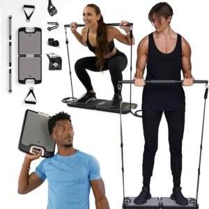 EVO Gym – Portable Home Gym Strength Training Equipment, at Home Gym | All in One Gym – Resistance Bands, Base Holds Gym Bar & Handles for Travel | Portable Gym & Home Exercise Equipment