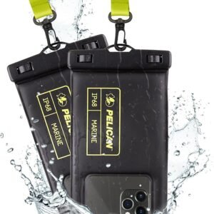 Pelican 2 Pack Marine – IP68 Waterproof Phone Pouch (Regular Size) Floating Waterproof Phone Case – Beach Cruise Ship Travel Essentials – Works w/All Phones – Detachable Lanyard – Black/Hi-Vis Yellow