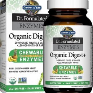 Garden of Life Dr Formulated Digestive Enzymes with Papain, Bromelain, Lipase for Digestion & Nutrient Absorption – Organic Digest+ – Vegan, Gluten-Free, Non-GMO, Tropical Fruit Flavor, 90 Chewables