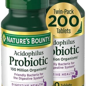 Nature’s Bounty Acidophilus Probiotic, Daily Probiotic Supplement, Digestive Health, 200 Tablets, Twin Pack