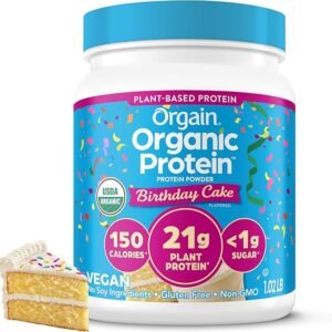 Orgain Organic Vegan Protein Powder, Birthday Cake – 21g Plant Based Protein, 7g Prebiotic Fiber, Low Net Carb, No Lactose Ingredients, No Added Sugar, Non-GMO, for Shakes & Smoothies, 1.02 lb